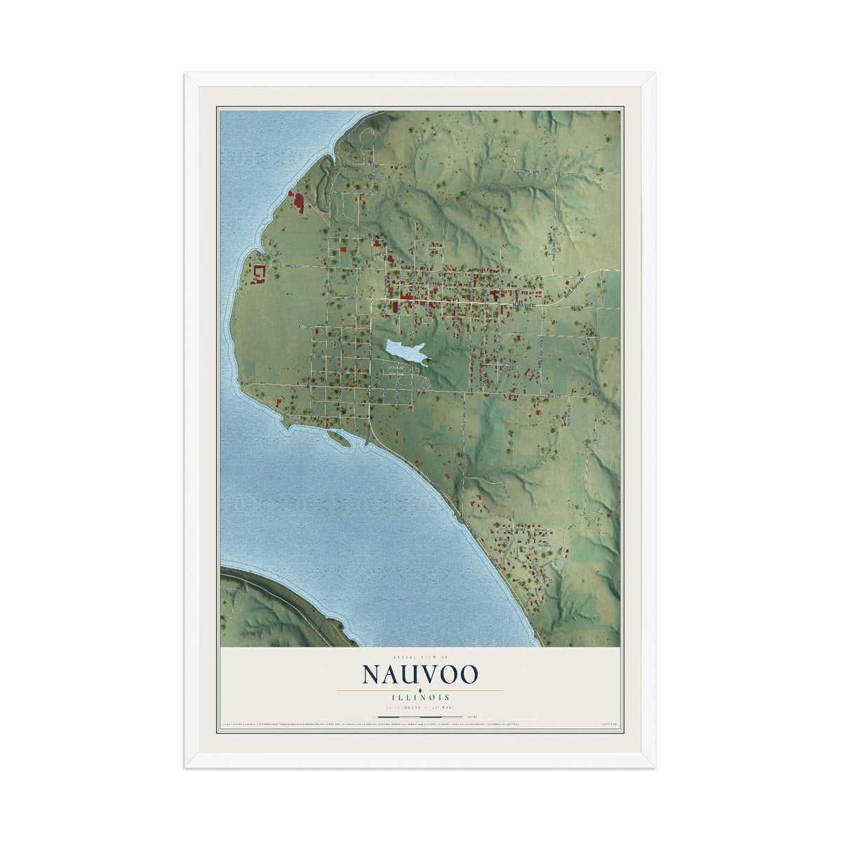 Map of Nauvoo, Illinois, 12 x 18 inch print in a white wood frame