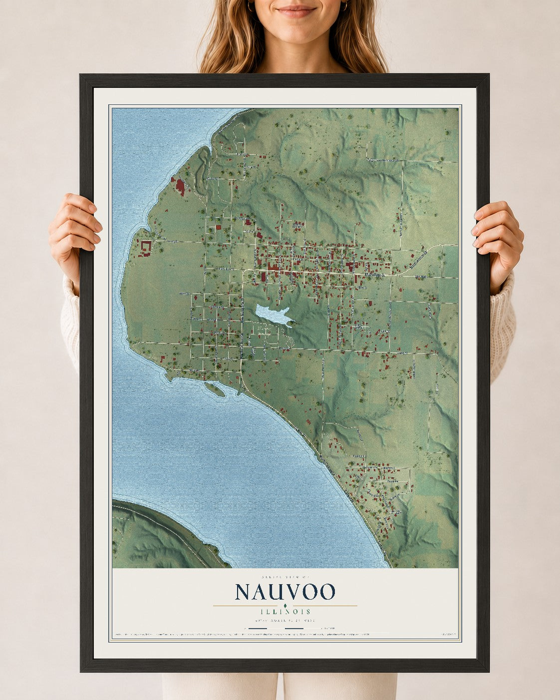 Map of Nauvoo, Illinois, 24 x 36 inch print in a black wood frame