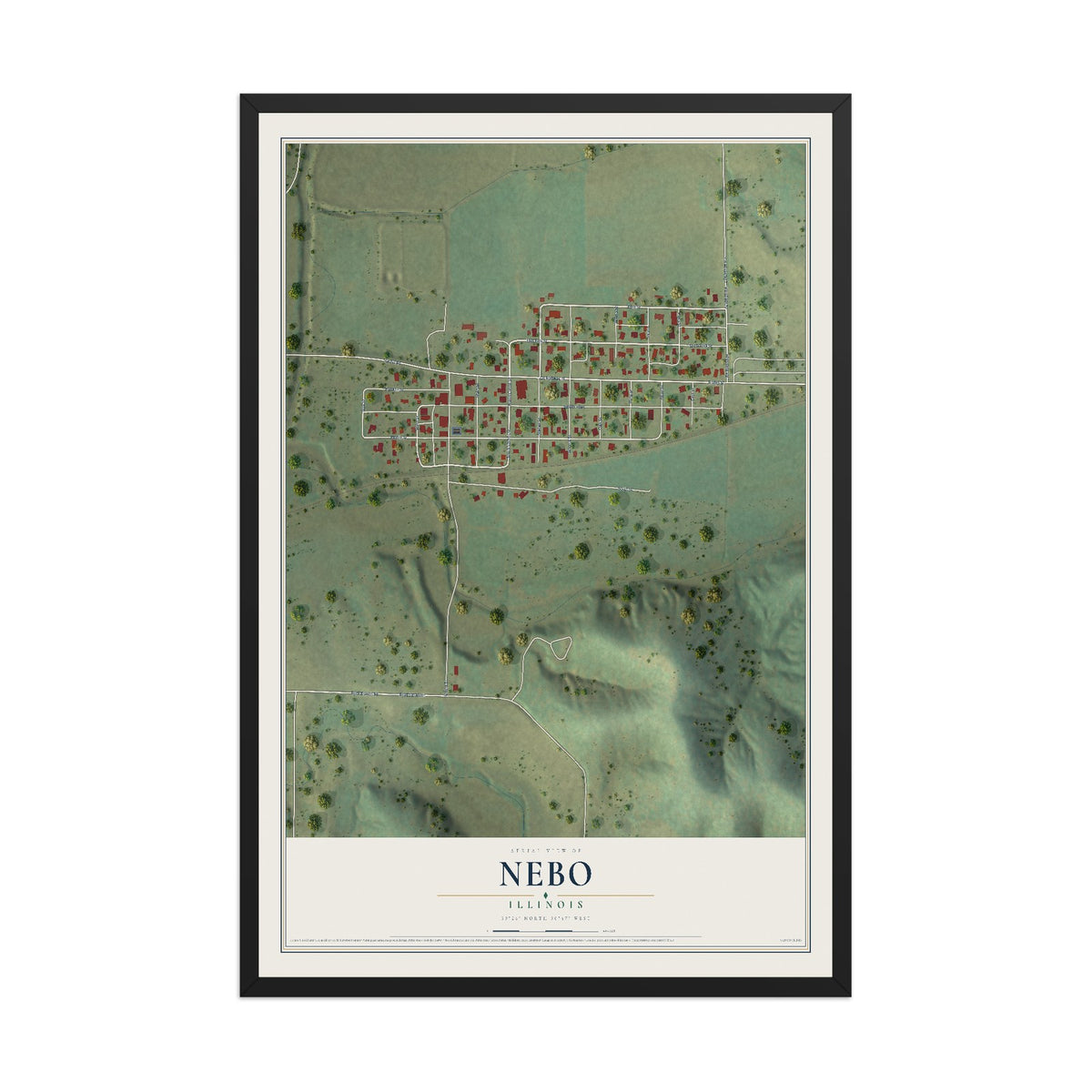 Map of Nebo, Illinois, 12 x 18 inch print in a black wood frame