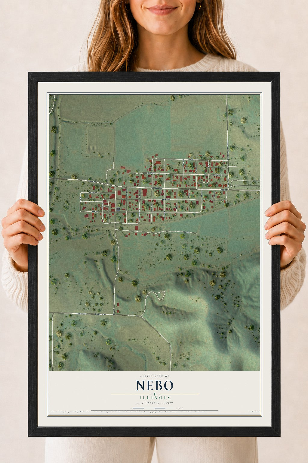 Map of Nebo, Illinois, 18 x 24 inch print in a black wood frame