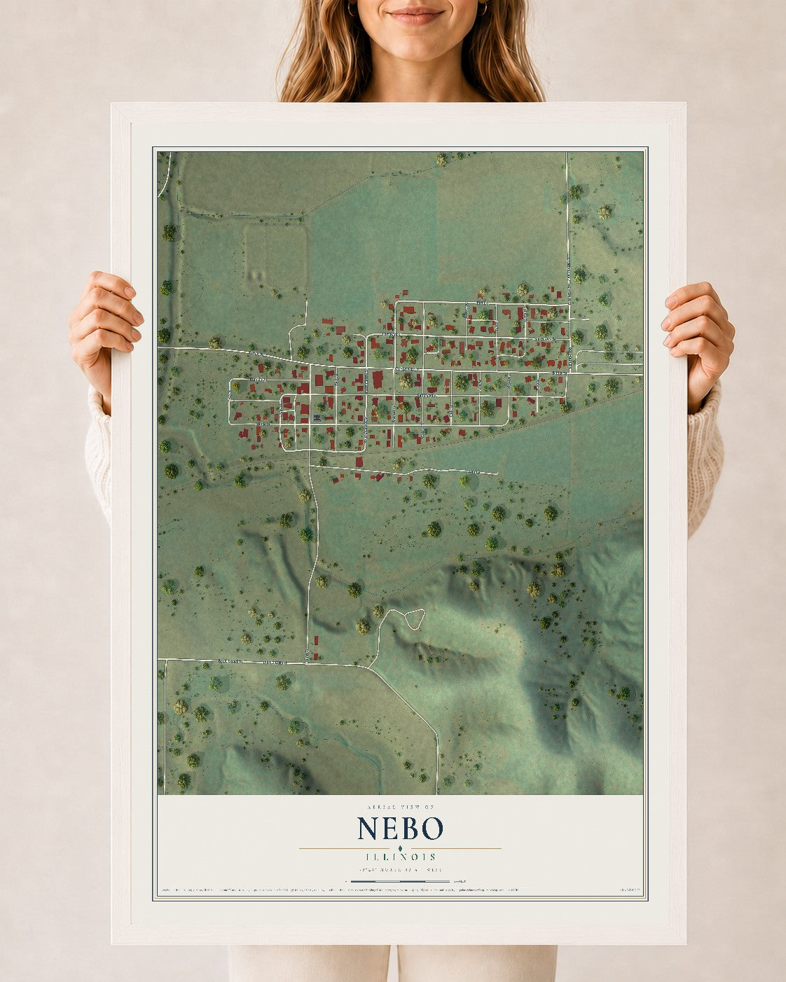 Map of Nebo, Illinois, 24 x 36 inch print in a white wood frame