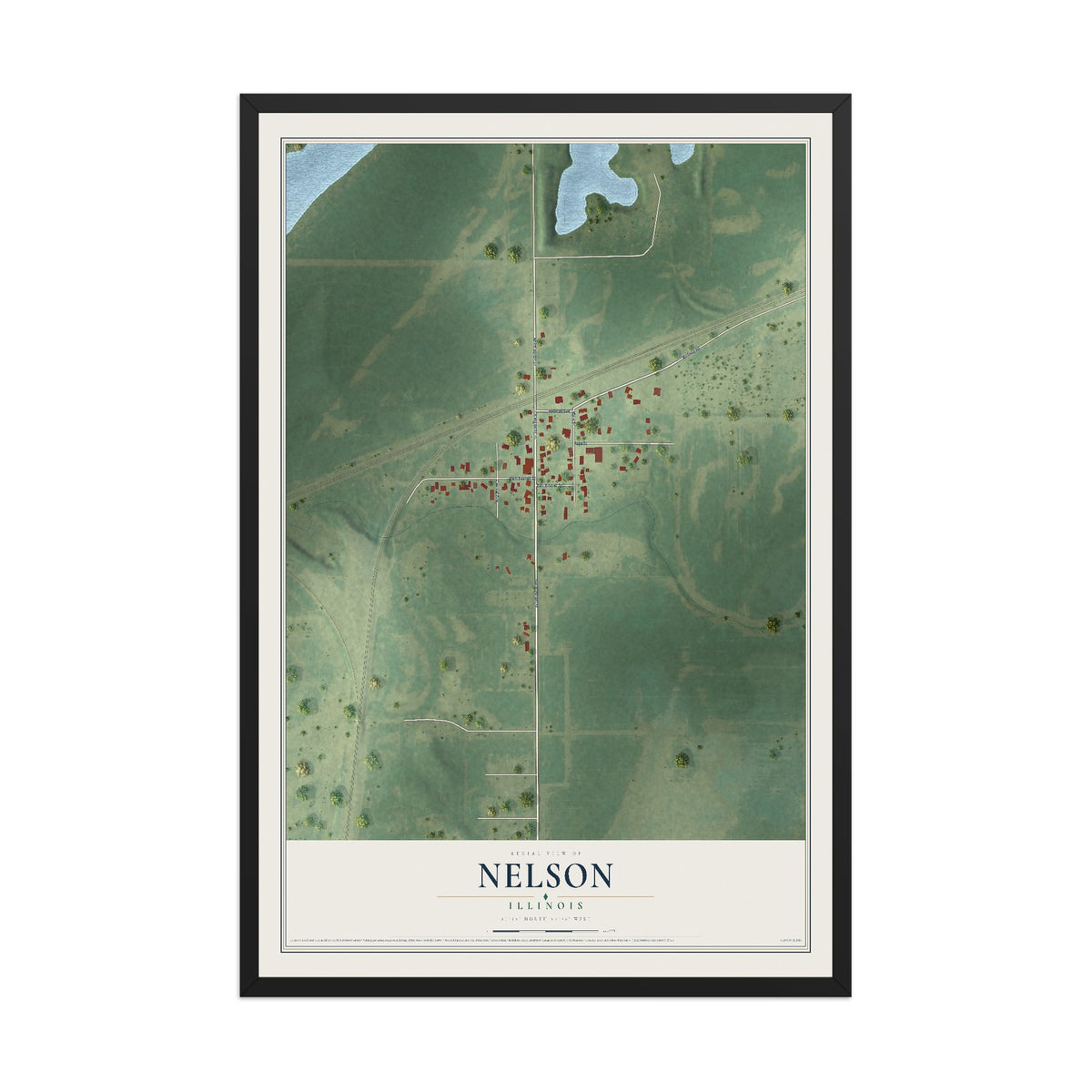 Map of Nelson, Illinois, 12 x 18 inch print in a black wood frame