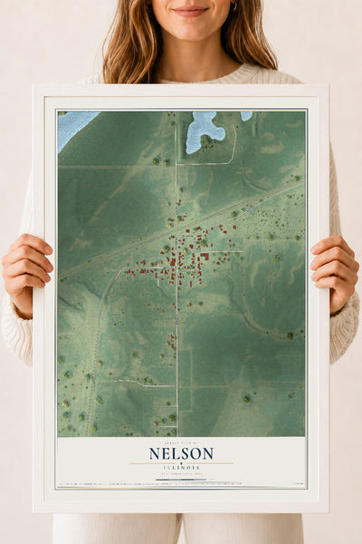 Map of Nelson, Illinois, 18 x 24 inch print in a white wood frame