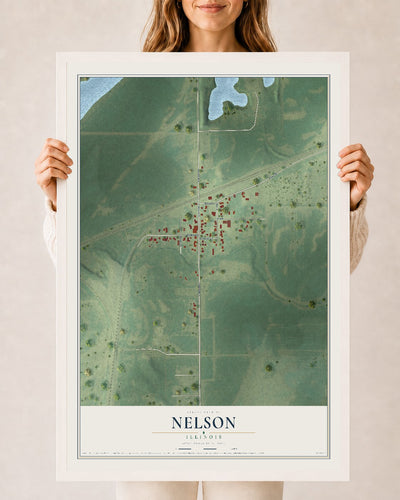 Map of Nelson, Illinois, 24 x 36 inch print in a white wood frame
