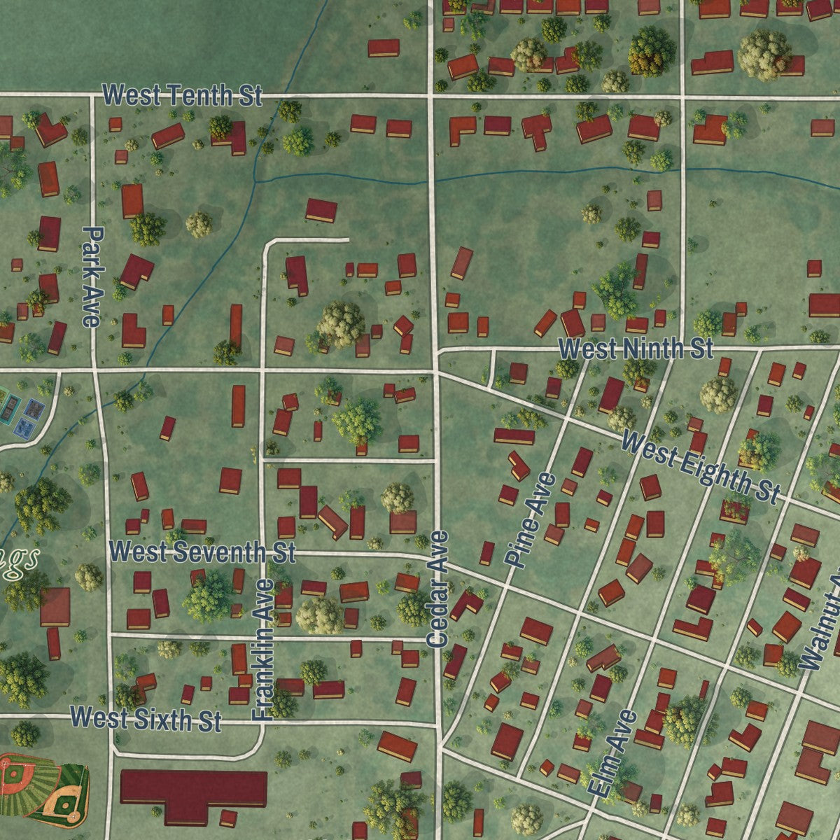 Second close-up of the map of Neoga, Illinois print showing more streets and buildings