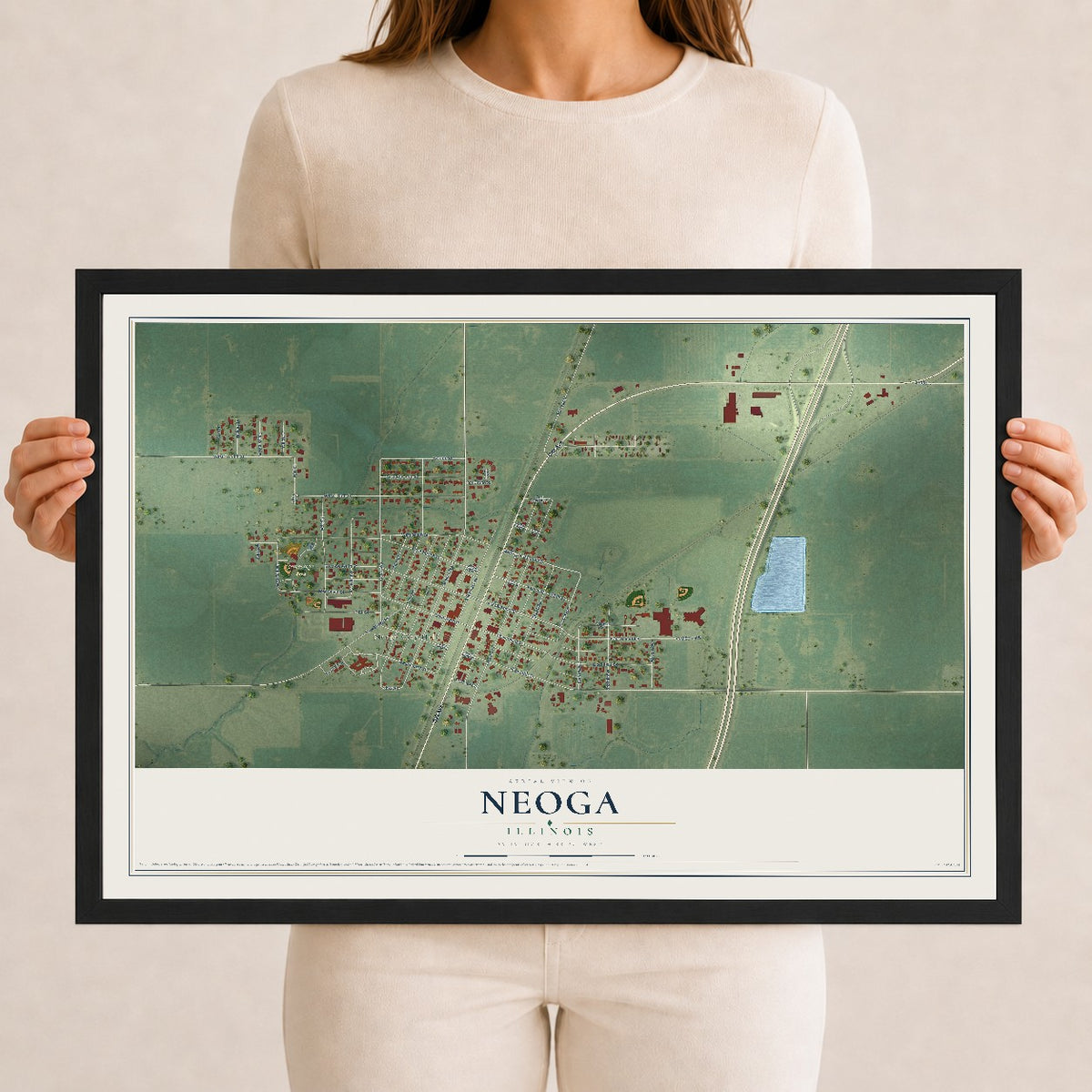 Map of Neoga, Illinois, 12 x 18 inch print in a black wood frame