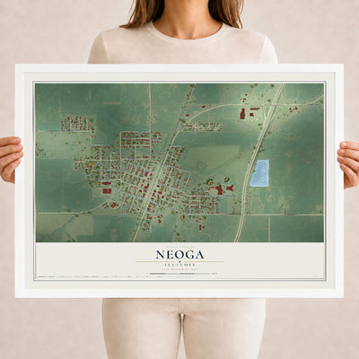 Map of Neoga, Illinois, 18 x 24 inch print in a white wood frame