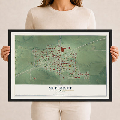 Map of Neponset, Illinois, 12 x 18 inch print in a black wood frame