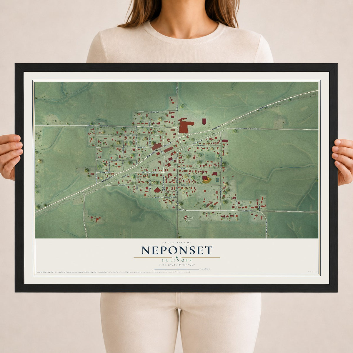 Map of Neponset, Illinois, 18 x 24 inch print in a black wood frame