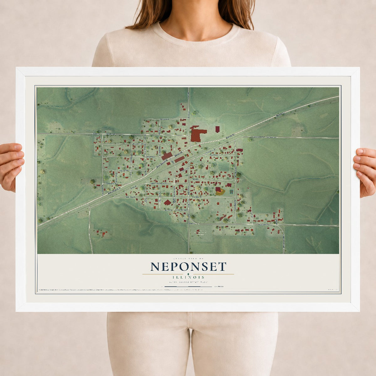 Map of Neponset, Illinois, 18 x 24 inch print in a white wood frame