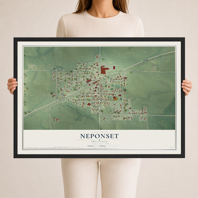 Map of Neponset, Illinois, 24 x 36 inch print in a black wood frame
