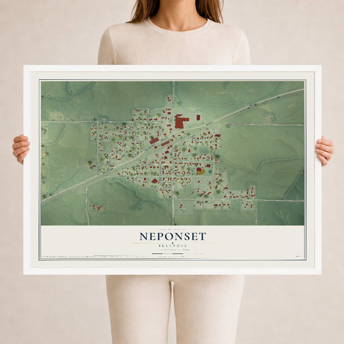 Map of Neponset, Illinois, 24 x 36 inch print in a white wood frame