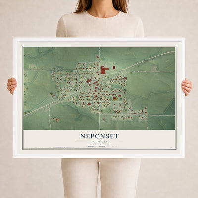 Map of Neponset, Illinois, 24 x 36 inch print in a white wood frame