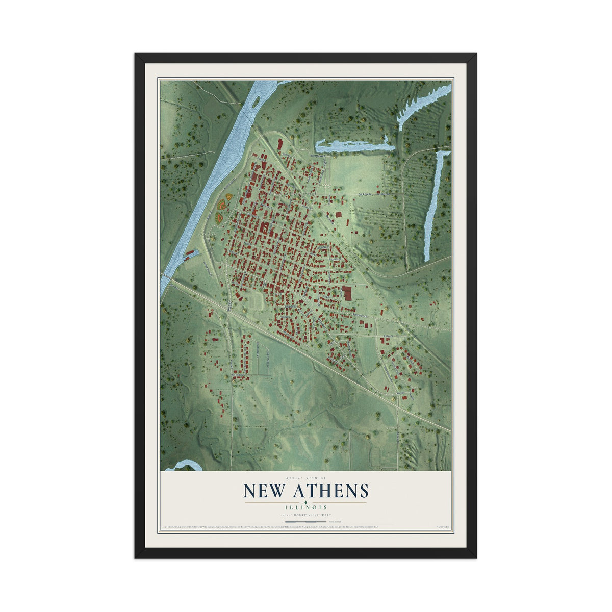 Map of New Athens, Illinois, 12 x 18 inch print in a black wood frame