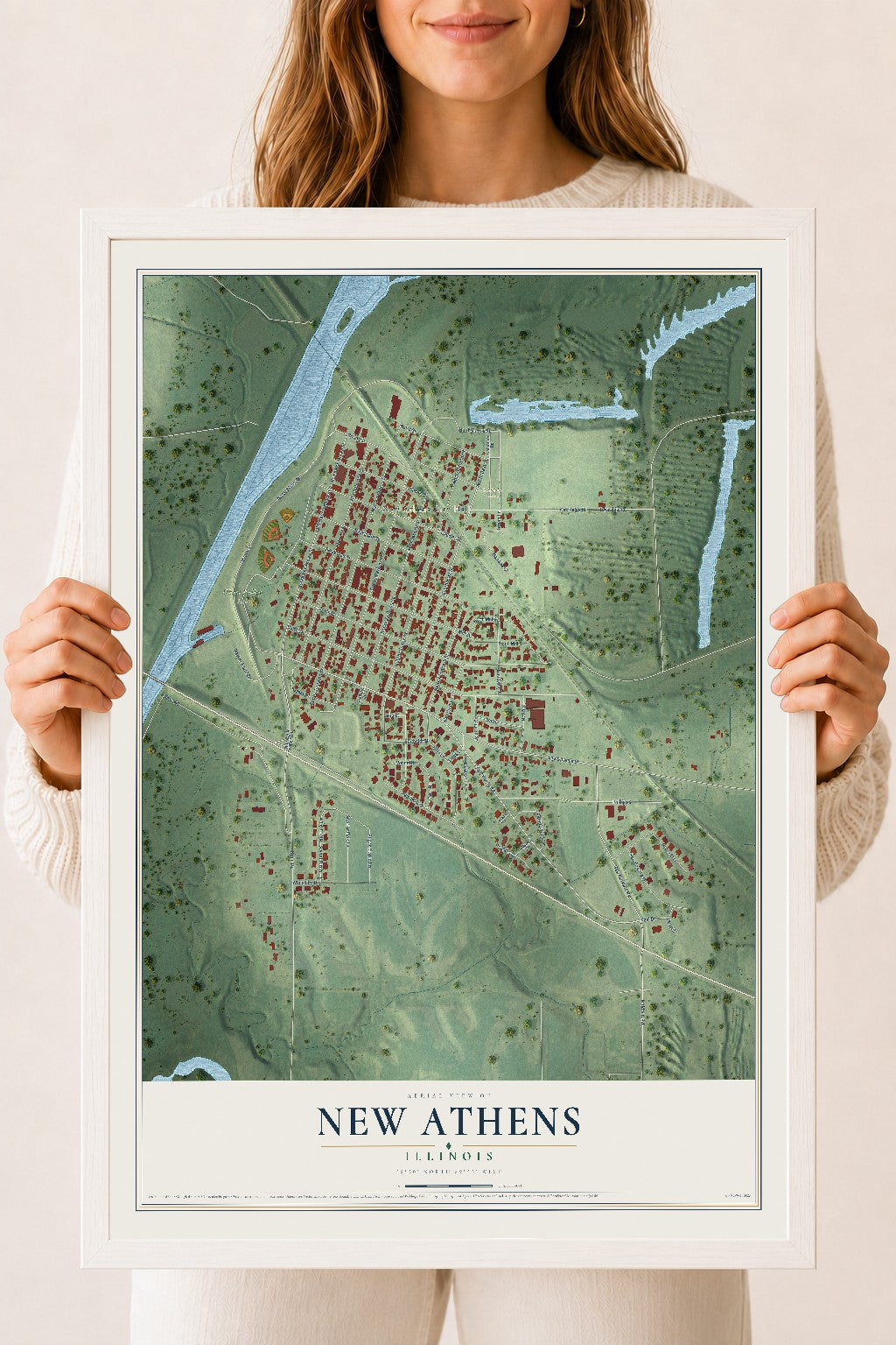 Map of New Athens, Illinois, 18 x 24 inch print in a white wood frame