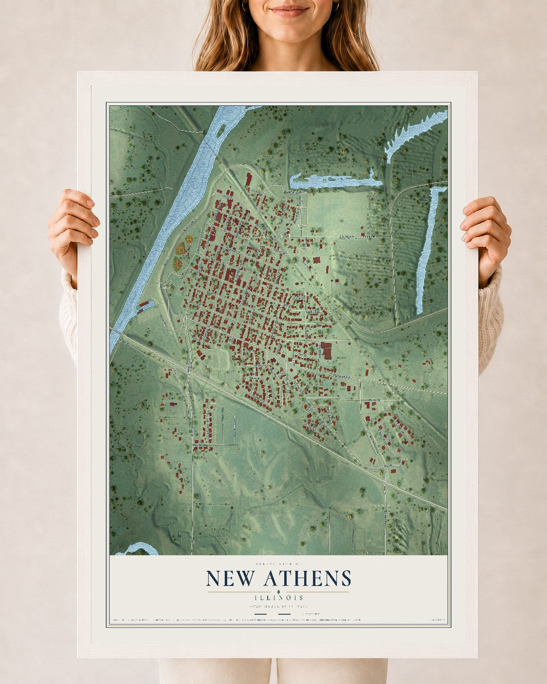 Map of New Athens, Illinois, 24 x 36 inch print in a white wood frame