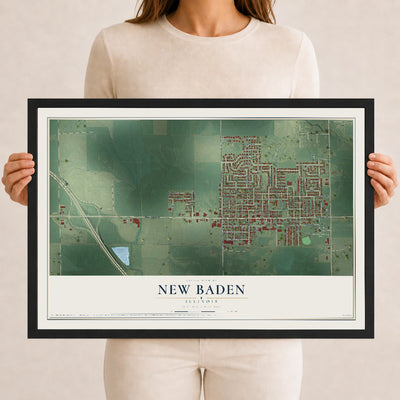 Map of New Baden, Illinois, 12 x 18 inch print in a black wood frame