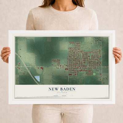 Map of New Baden, Illinois, 12 x 18 inch print in a white wood frame
