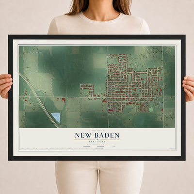 Map of New Baden, Illinois, 18 x 24 inch print in a black wood frame