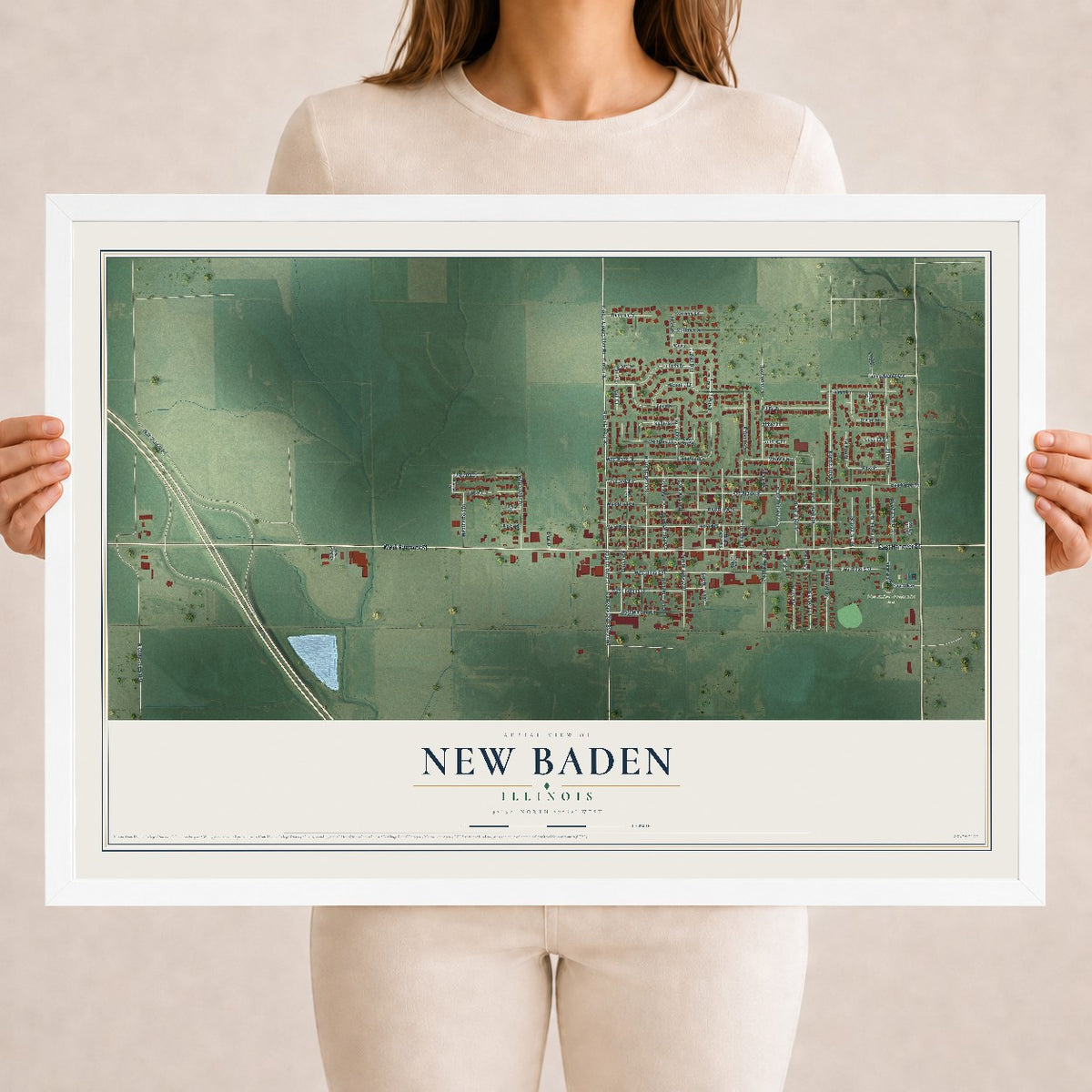 Map of New Baden, Illinois, 18 x 24 inch print in a white wood frame