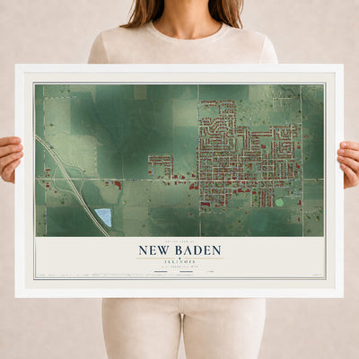 Map of New Baden, Illinois, 18 x 24 inch print in a white wood frame