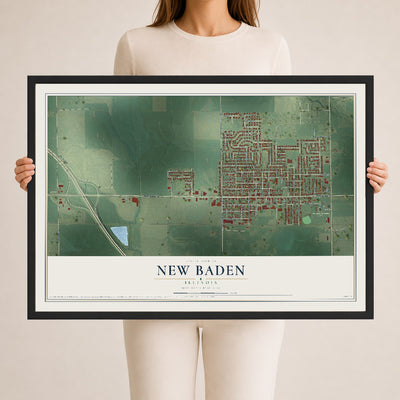 Map of New Baden, Illinois, 24 x 36 inch print in a black wood frame