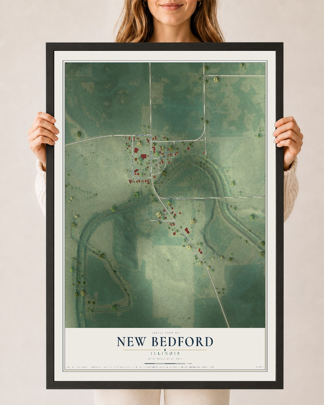 Map of New Bedford, Illinois, 24 x 36 inch print in a black wood frame