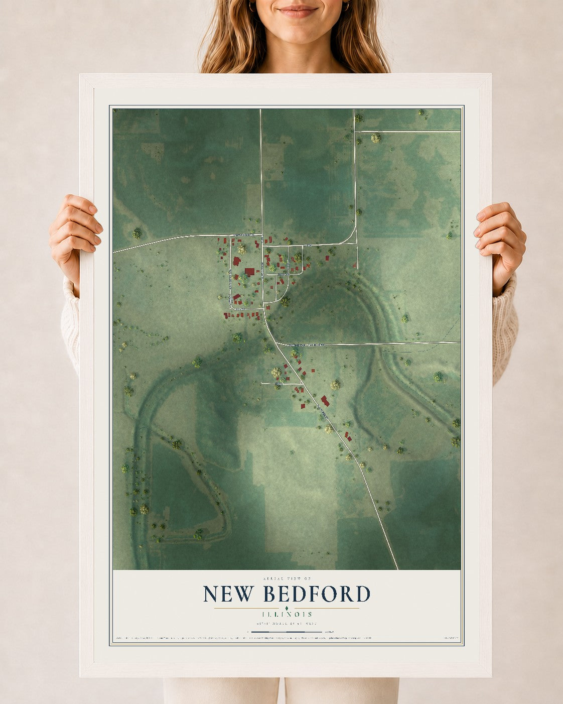 Map of New Bedford, Illinois, 24 x 36 inch print in a white wood frame