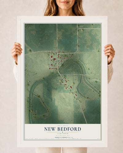 Map of New Bedford, Illinois, 24 x 36 inch print in a white wood frame