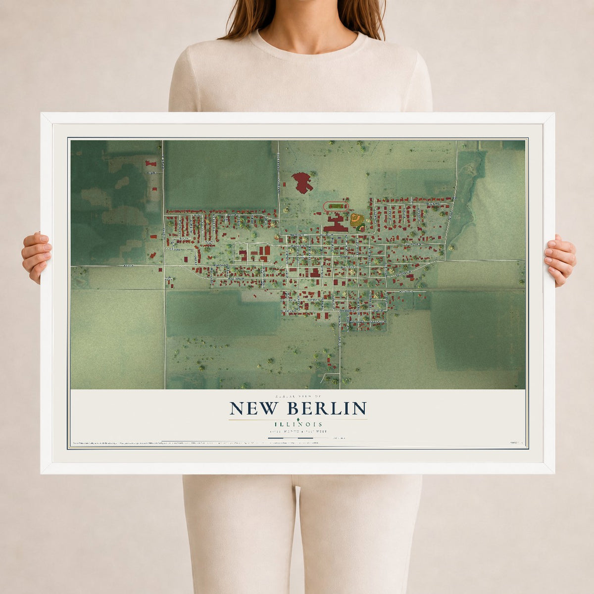 Map of New Berlin, Illinois, 24 x 36 inch print in a white wood frame