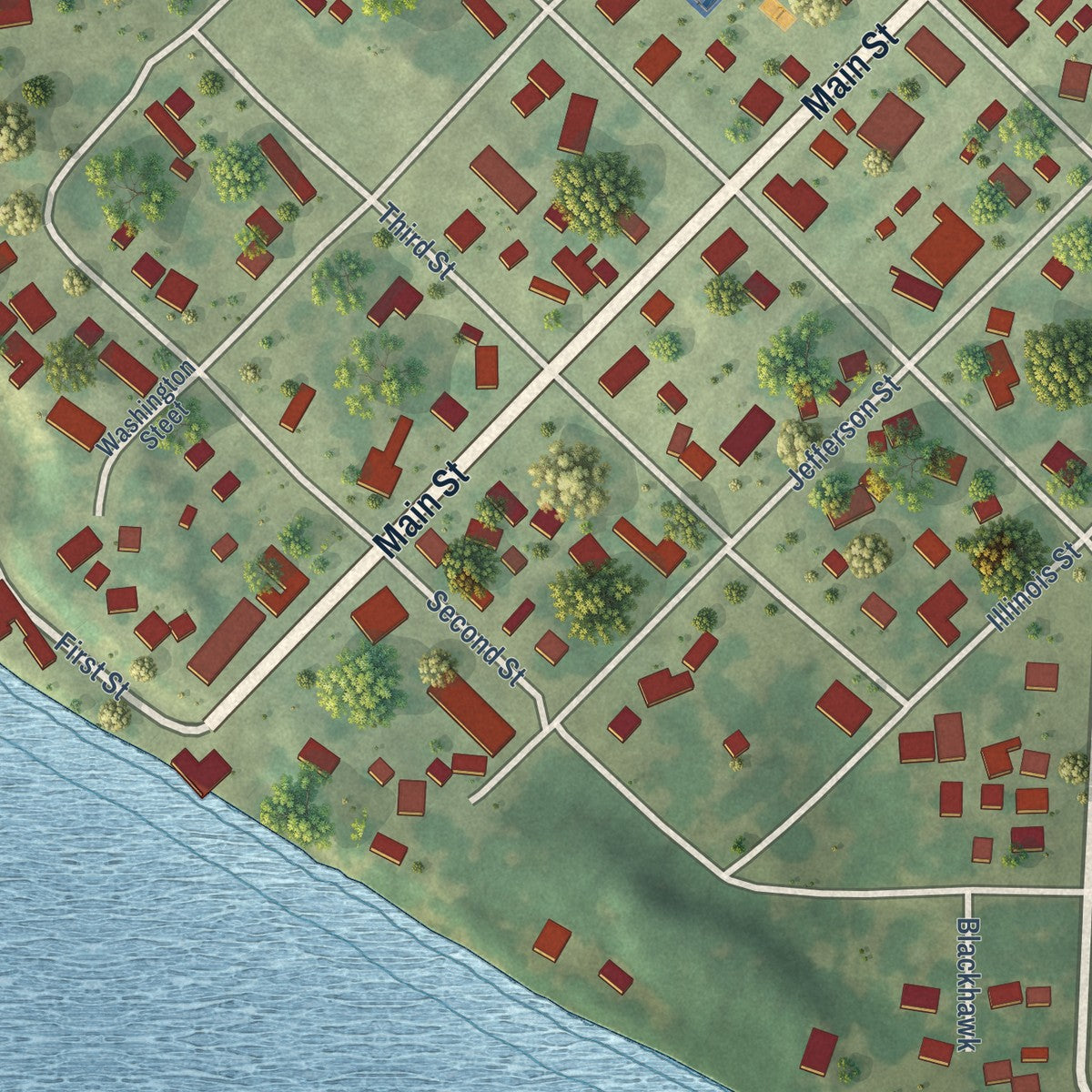 Close-up of the map of New Boston, Illinois print showing street and building detail