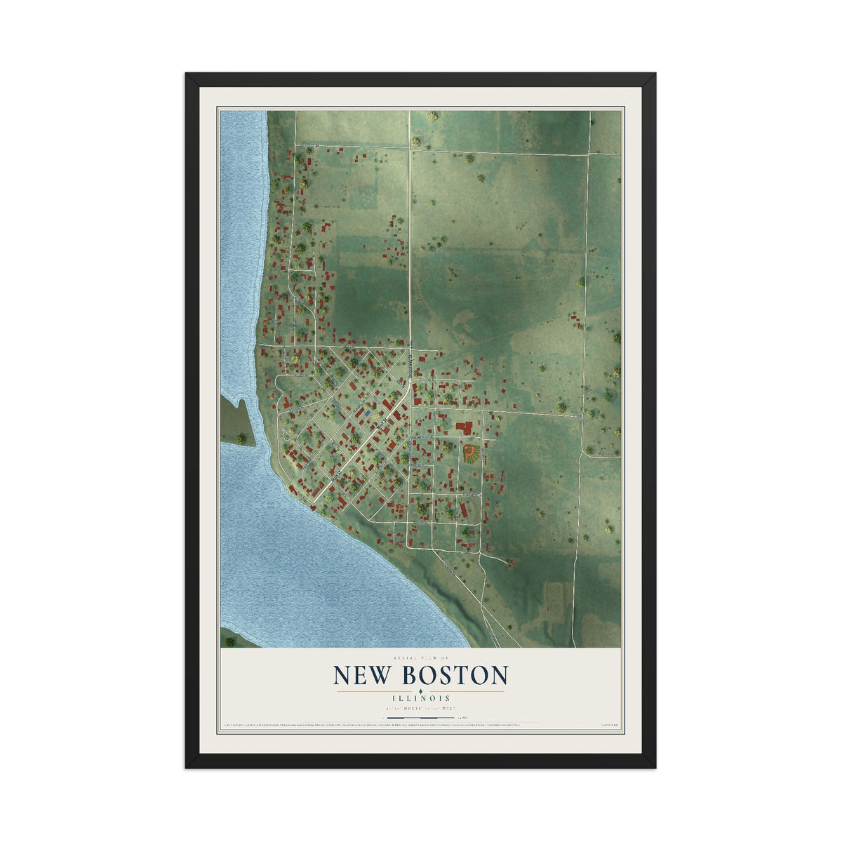 Map of New Boston, Illinois, 12 x 18 inch print in a black wood frame