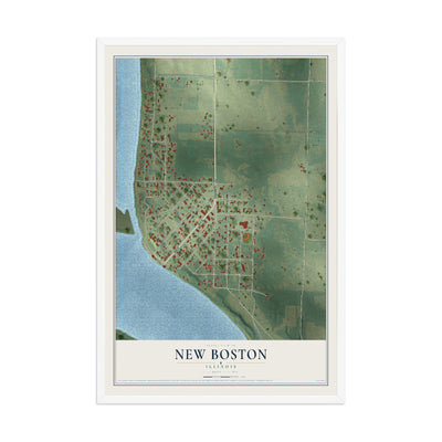 Map of New Boston, Illinois, 12 x 18 inch print in a white wood frame