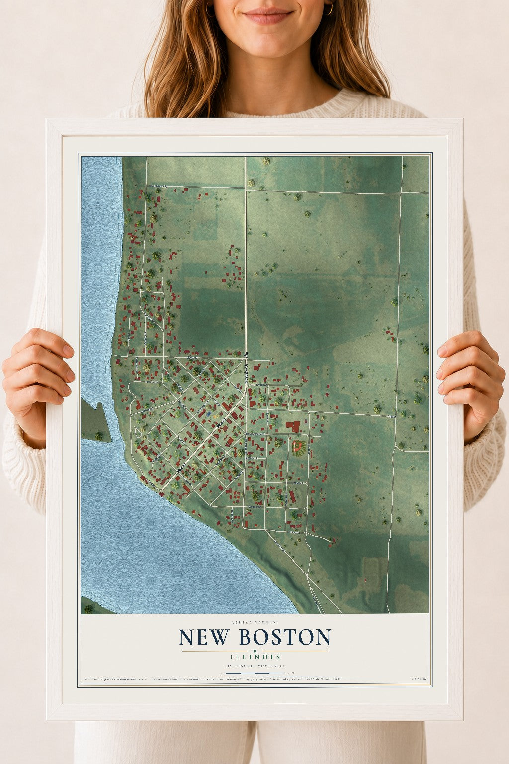 Map of New Boston, Illinois, 18 x 24 inch print in a white wood frame