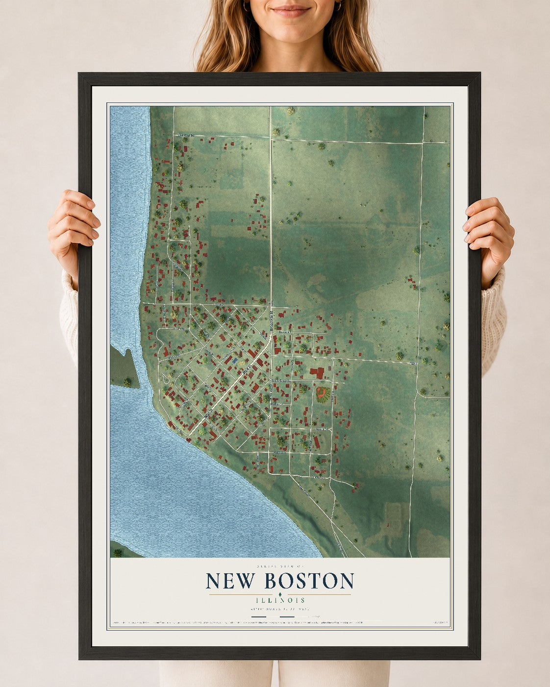 Map of New Boston, Illinois, 24 x 36 inch print in a black wood frame