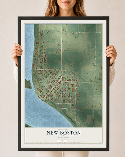 Map of New Boston, Illinois, 24 x 36 inch print in a black wood frame