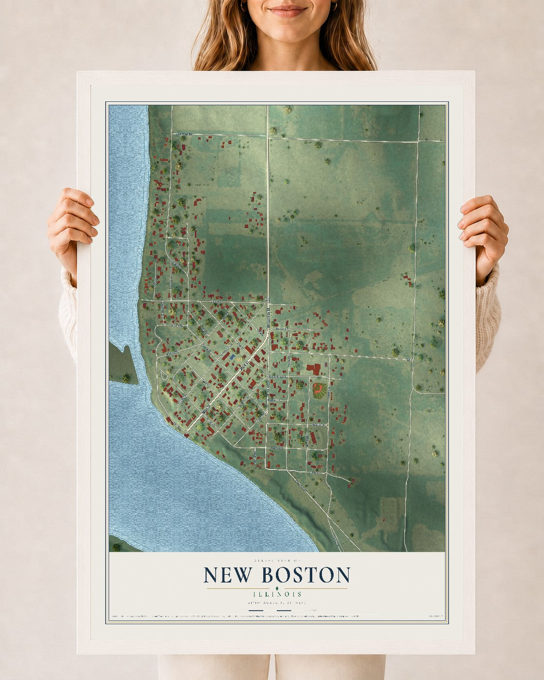 Map of New Boston, Illinois, 24 x 36 inch print in a white wood frame
