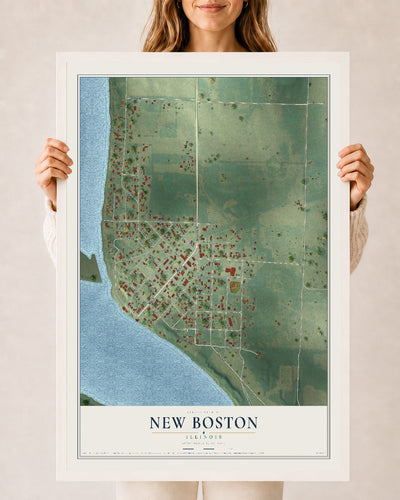 Map of New Boston, Illinois, 24 x 36 inch print in a white wood frame
