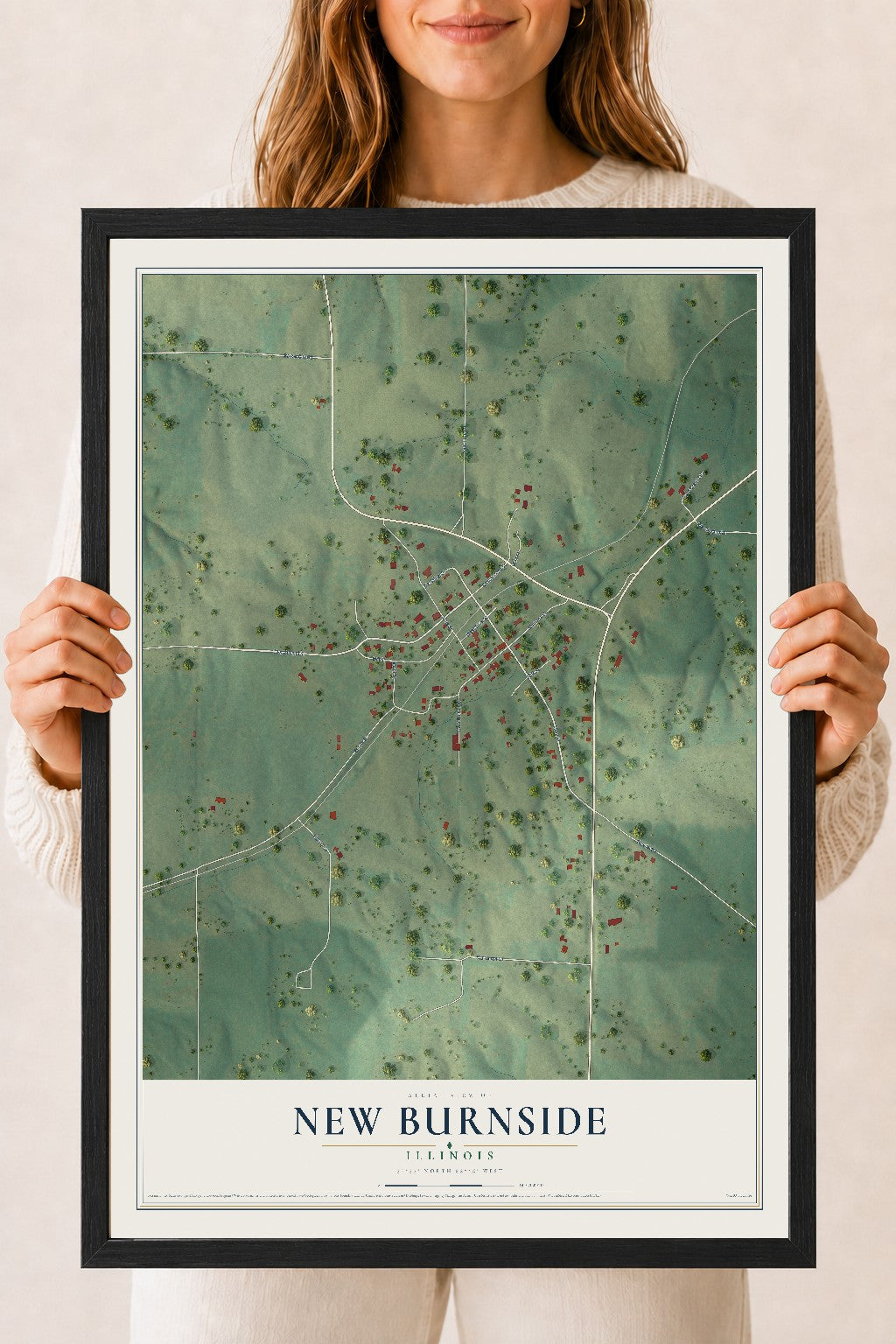 Map of New Burnside, Illinois, 18 x 24 inch print in a black wood frame