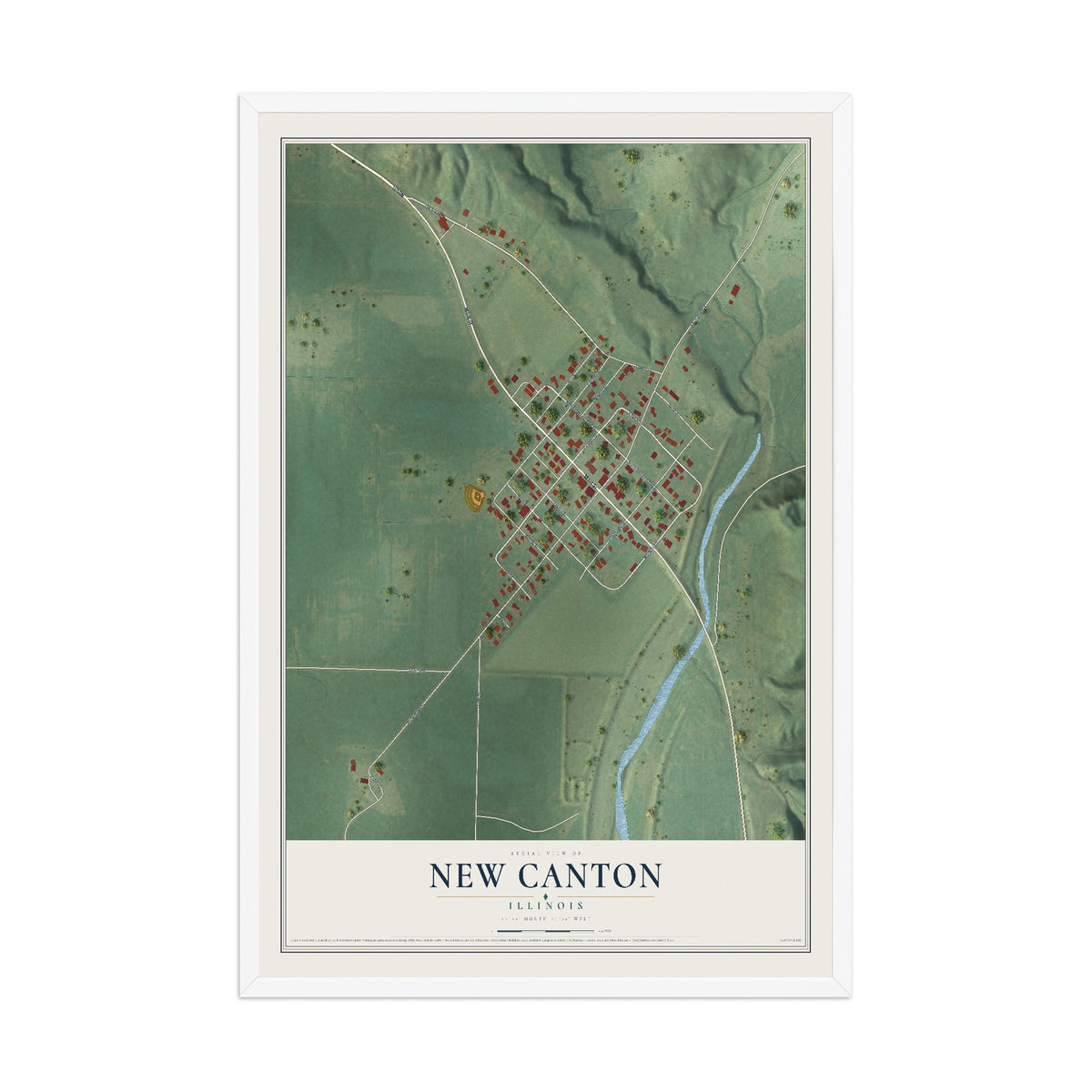Map of New Canton, Illinois, 12 x 18 inch print in a white wood frame