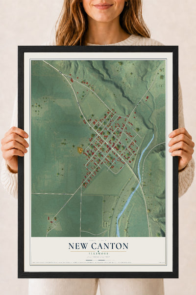 Map of New Canton, Illinois, 18 x 24 inch print in a black wood frame