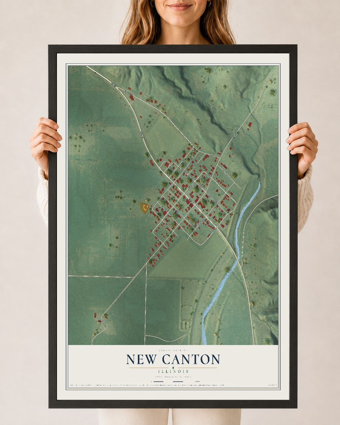 Map of New Canton, Illinois, 24 x 36 inch print in a black wood frame