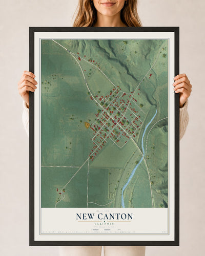 Map of New Canton, Illinois, 24 x 36 inch print in a black wood frame