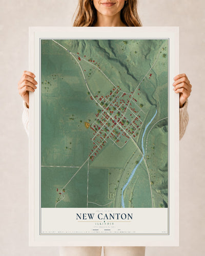 Map of New Canton, Illinois, 24 x 36 inch print in a white wood frame