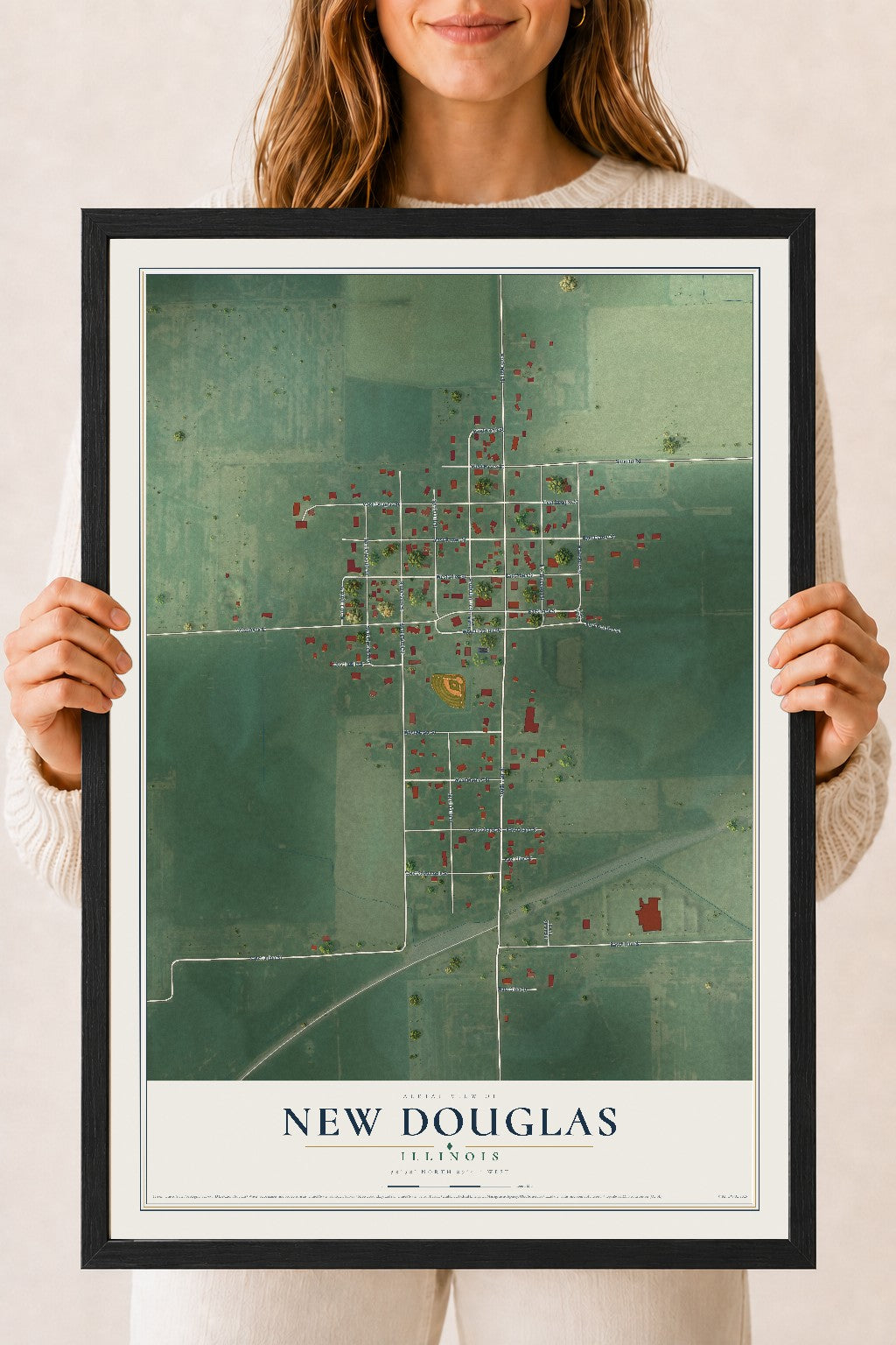 Map of New Douglas, Illinois, 18 x 24 inch print in a black wood frame