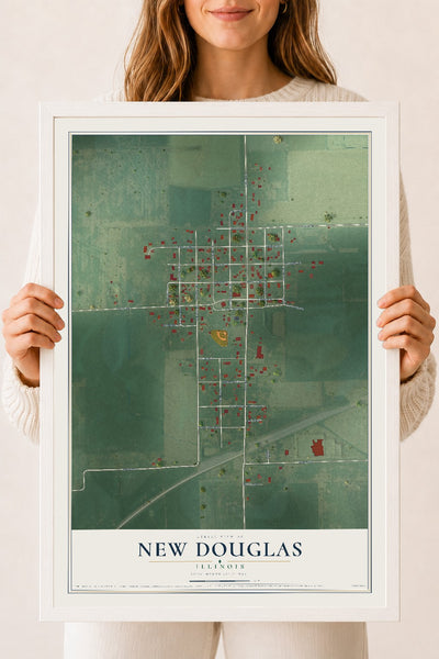 Map of New Douglas, Illinois, 18 x 24 inch print in a white wood frame