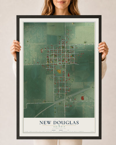 Map of New Douglas, Illinois, 24 x 36 inch print in a black wood frame