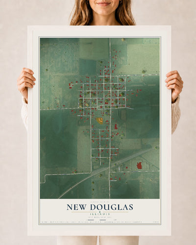 Map of New Douglas, Illinois, 24 x 36 inch print in a white wood frame