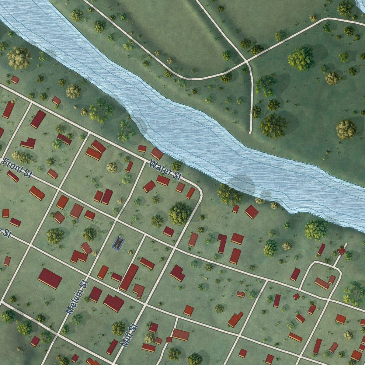 Close-up of the map of New Haven, Illinois print showing street and building detail