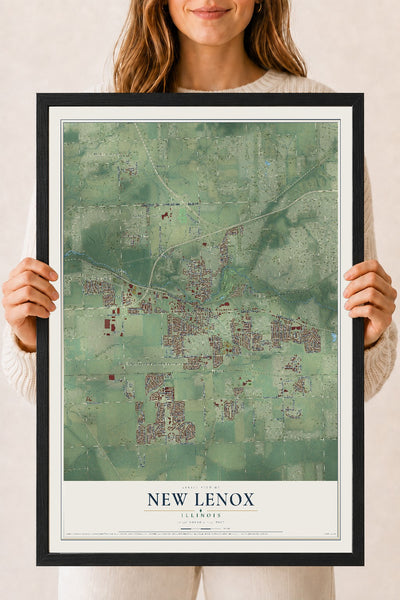 Map of New Lenox, Illinois, 18 x 24 inch print in a black wood frame